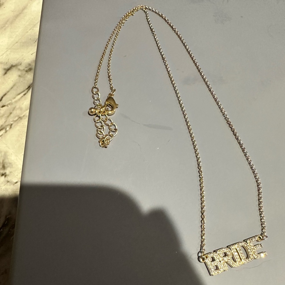 BRIDE Pave Nameplate Necklace in Gold Tone